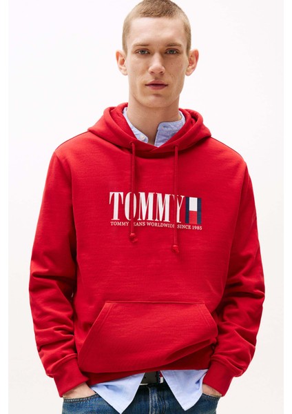 Erkek Regular Fit Kapüşonlu Grafik Logolu Sweatshirt - Kırmızı