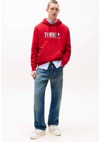 Erkek Regular Fit Kapüşonlu Grafik Logolu Sweatshirt - Kırmızı modelleri