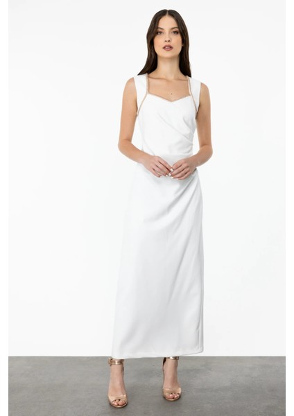 Kadın Yaka Taş Işlemeli Drapeli Maxi Boy Abiye Elbise-Ekru