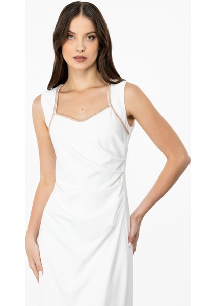 Kadın Yaka Taş Işlemeli Drapeli Maxi Boy Abiye Elbise-Ekru fiyatları