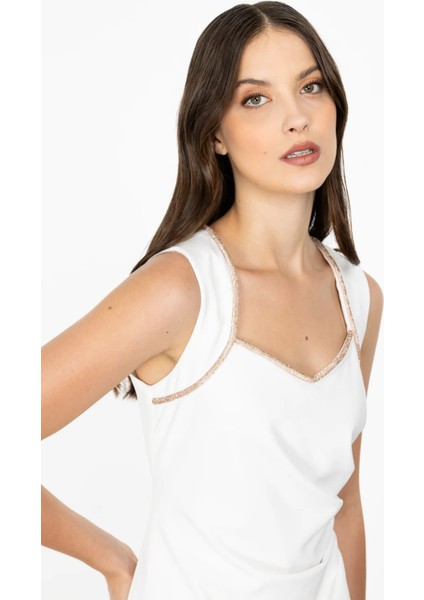 Kadın Yaka Taş Işlemeli Drapeli Maxi Boy Abiye Elbise-Ekru modelleri