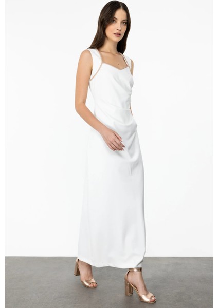 Kadın Yaka Taş Işlemeli Drapeli Maxi Boy Abiye Elbise-Ekru fırsatları