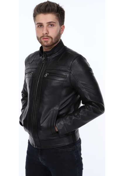 Hakiki Deri Siyah Vera Dört Cepli Erkek Deri Ceket