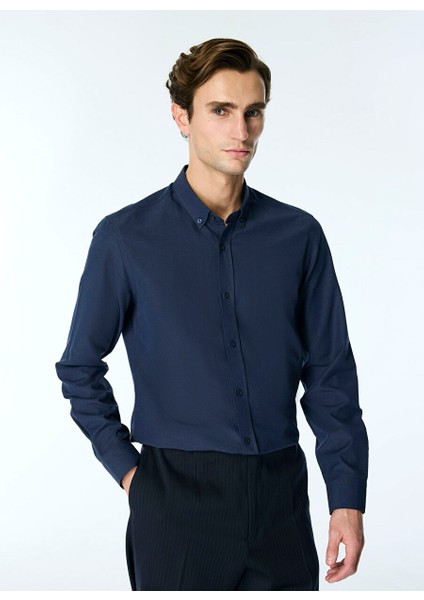 Lacivert Erkek Düğmeli Slim Fit Armürlü Gömlek Maydos 403