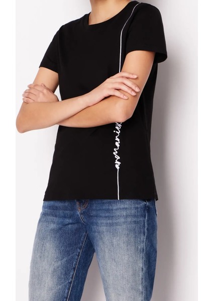 Kadın Bisiklet Yaka T-Shirt-Siyah