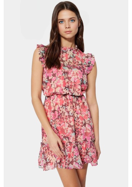 Çiçekli Mini Elbise Dokuma Polyester Yazlık Gündüz Elbisesi Rahat Kullanım