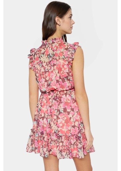 Çiçekli Mini Elbise Dokuma Polyester Yazlık Gündüz Elbisesi Rahat Kullanım modelleri