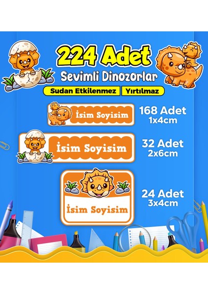 Dinozor Temalı Okul Kreş Kişiye Özel Isim Etiket Seti - Model 460