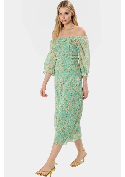 Maxi Şifon Elbise Çiçekli Desen A Line Truvakar Kol Kemersiz Uzun Ömürlü Trend Tasarım