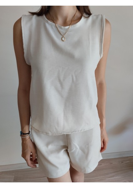 Krem Bluz Şort Takım