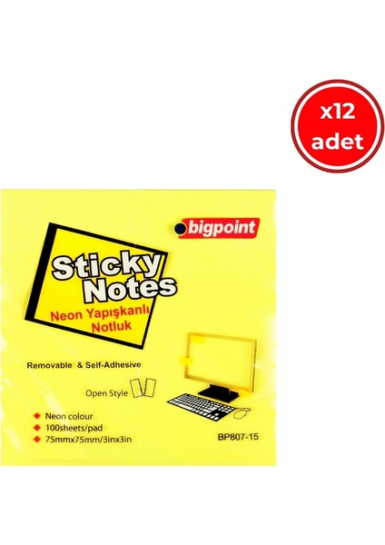 Yapışkanlı Not Kağıdı, 12 Adet, 75X75MM, Neon SARI,100 Yaprak