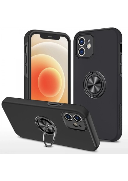iPhone 12 Kılıf Elit Yüzüklü Kapak - Siyah - NFND9217-2893