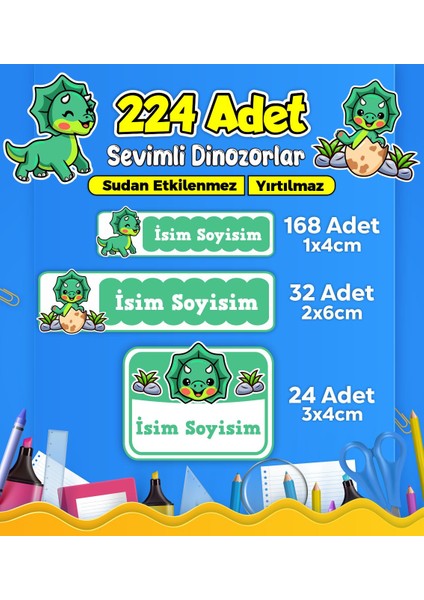 Dinozor Temalı Okul Kreş Kişiye Özel Isim Etiket Seti - Model 463