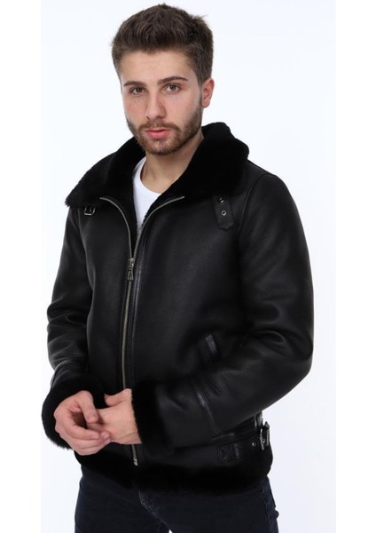 Hakiki Deri Siyah Navas Kürklü Erkek Deri Ceket