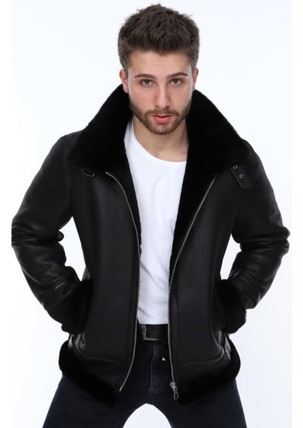 Hakiki Deri Siyah Navas Kürklü Erkek Deri Ceket modelleri