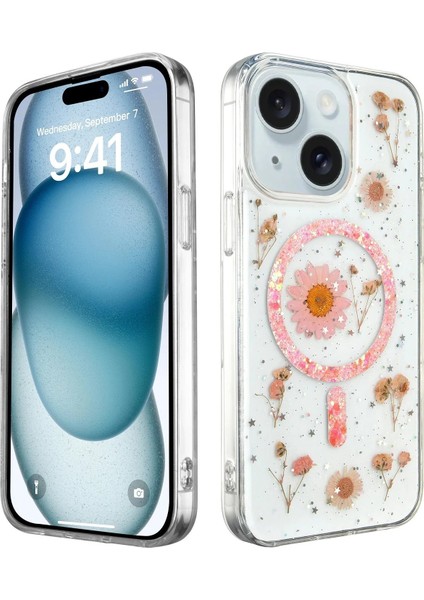 iPhone 14 Kılıf Daisy Simli Magsafe Kapak - Pembe - NFND9975-6945