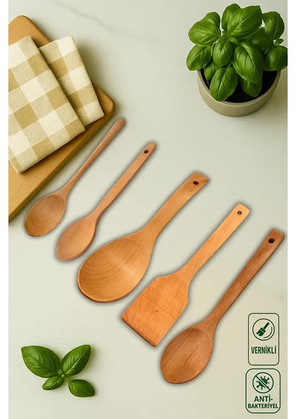 5'li Bambu Tahta Kaşık Seti Pilav,sos, Ölçü ve Mama Kaşığı, Spatula Ahşap Mutfak Seti, Çeyizlik