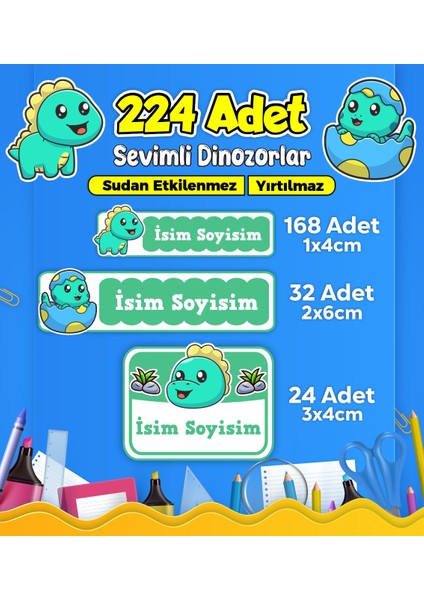 Dinozor Temalı Okul Kreş Kişiye Özel Isim Etiket Seti - Model 461