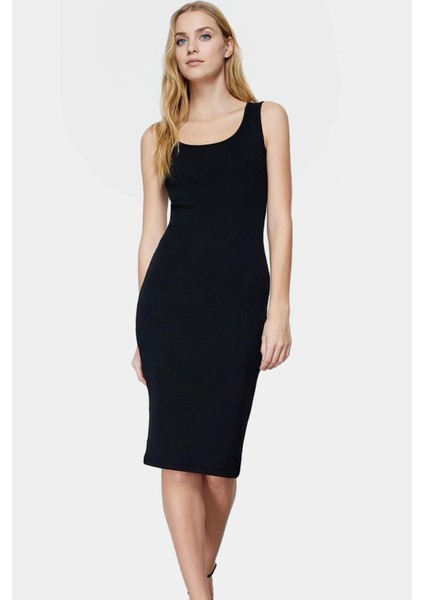 Midi Kalem Elbise Esnek Örme Havuz Yaka Yazlık Rahat Seçkin Malzeme Uzun Ömürlü