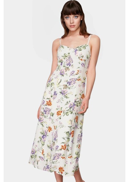 A Line Midi Boy Kolsuz Çiçek Desenli Polyester Elbise Rahat Yazlık Profesyonel Görünüm