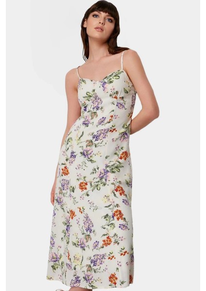 A Line Midi Boy Kolsuz Çiçek Desenli Polyester Elbise Rahat Yazlık Profesyonel Görünüm modelleri