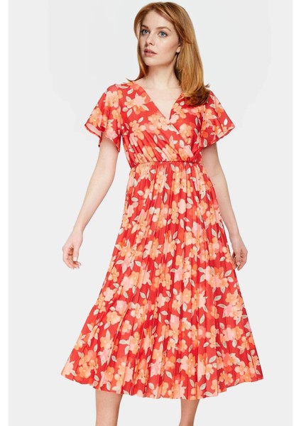 Çiçekli Desenli Midi Boy Piliseli Elbise 95% Polyester Rahat Günlük Stil Yüksek Kalite