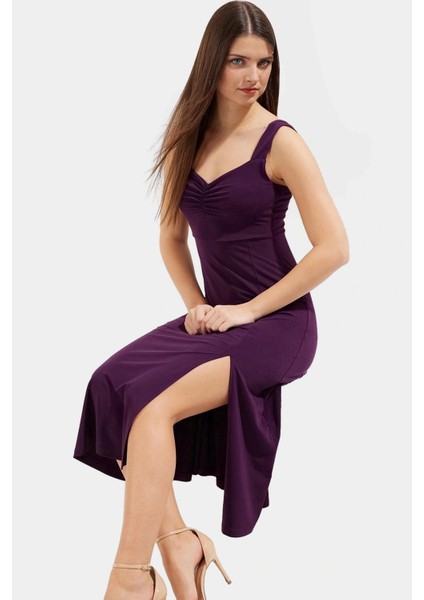 A Line Kalp Yaka Midi Örme Elbise 96% Polyester Yazlık Günlük Kullanım Için Zarifane Tasarım fiyatları