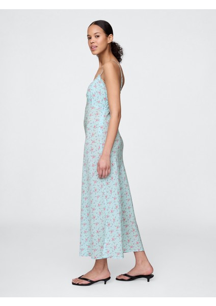 Kadın Mavi Çiçek Desenli Maxi Slip Elbise modelleri