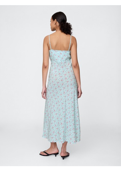 Kadın Mavi Çiçek Desenli Maxi Slip Elbise fırsatları