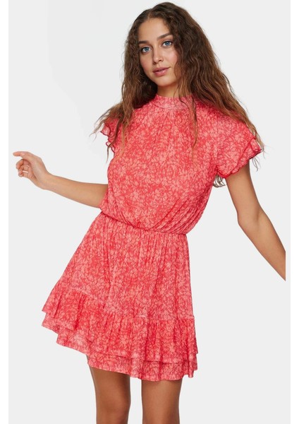 Çiçekli Mini Elbise Astarlı Kısa Kollu Dik Yaka Polyester Yazlık Dayanıklı Malzeme