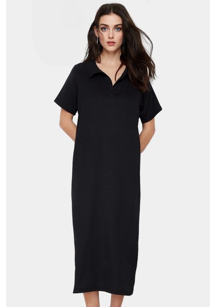 Kadın Örme Kısa Kollu Polo Yaka Midi Elbise Rahat Yazlık Günlük Stil Dayanıklı Malzeme modelleri