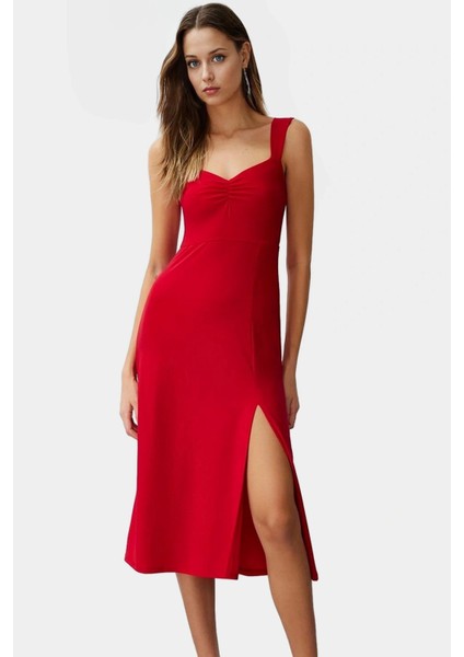 A Line Kalp Yaka Midi Örme Elbise 96% Polyester Yazlık Günlük Kullanım Için Zarifane Tasarım