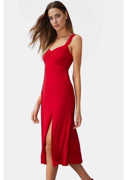 A Line Kalp Yaka Midi Örme Elbise 96% Polyester Yazlık Günlük Kullanım Için Zarifane Tasarım fiyatları