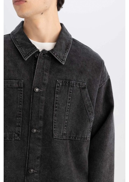 %100 Pamuk Boxy Fit Jean Uzun Kollu Gömlek Ceket C7539AX24AU