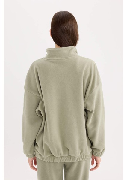 Oversize Geniş Kalıp Fermuarlı Dik Yaka Nakışlı Polar Sweatshirt Y2649AZ24WN