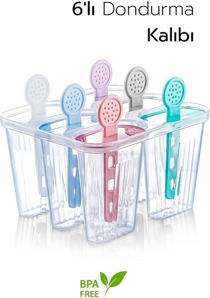 6 Bölmeli Dondurma Kalıbı ve Çubukları - Bpa Free | 7,5 x 5,5 x 3 cm