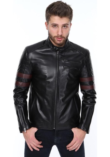 Hakiki Deri Siyah Şeritli Fermuarlı Erkek Deri Ceket
