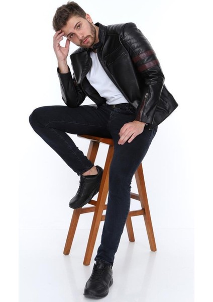 Hakiki Deri Siyah Şeritli Fermuarlı Erkek Deri Ceket fiyatları