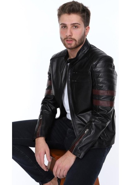 Hakiki Deri Siyah Şeritli Fermuarlı Erkek Deri Ceket modelleri