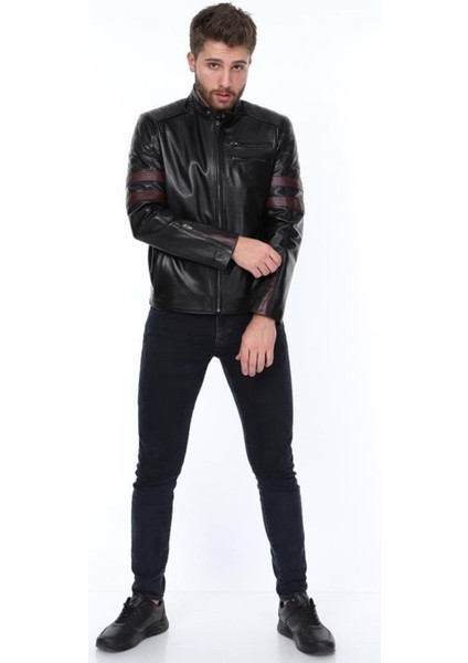 Hakiki Deri Siyah Şeritli Fermuarlı Erkek Deri Ceket fırsatları