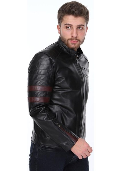 Hakiki Deri Siyah Şeritli Fermuarlı Erkek Deri Ceket indirimleri