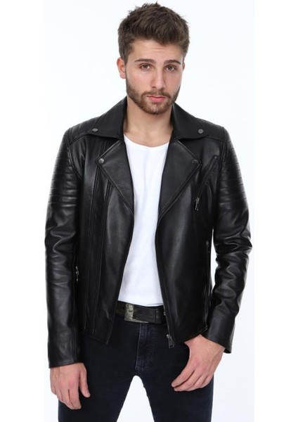 Hakiki Deri Siyah Jeremy Yandan Fermuarlı Erkek Deri Ceket