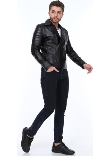 Hakiki Deri Siyah Jeremy Yandan Fermuarlı Erkek Deri Ceket modelleri