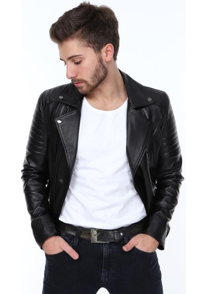 Hakiki Deri Siyah Jeremy Yandan Fermuarlı Erkek Deri Ceket fırsatları