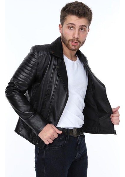 Hakiki Deri Siyah Jeremy Yandan Fermuarlı Erkek Deri Ceket indirimleri