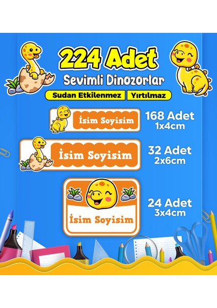 Dinozor Temalı Okul Kreş Kişiye Özel Isim Etiket Seti - Model 464
