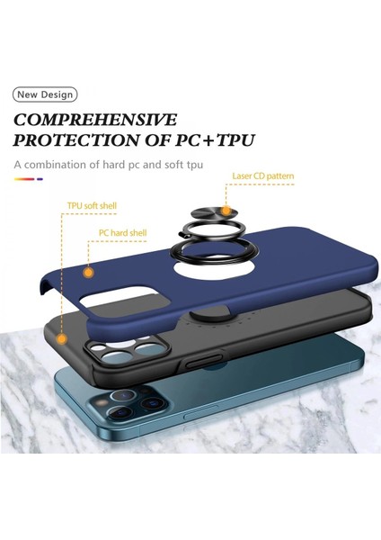 iPhone 12 Pro Kılıf Elit Yüzüklü Kapak - Lacivert - NFND5945-1792