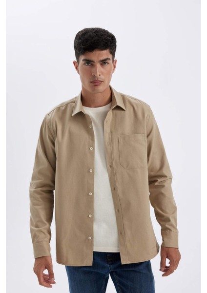 %100 Pamuk Regular Fit Düğmeli Basic Düz Gabardin Uzun Kollu Gömlek A5383AX24AU