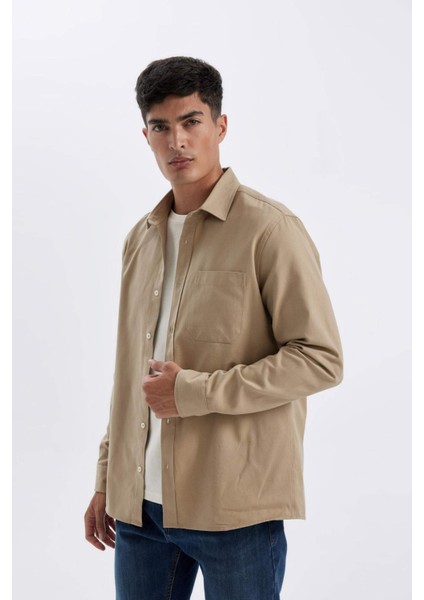 %100 Pamuk Regular Fit Düğmeli Basic Düz Gabardin Uzun Kollu Gömlek A5383AX24AU