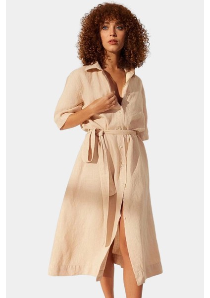 Keten Maxi Gömlek Elbise Yazlık Günlük Şık Tasarım Modern Stil Rahat ve Kullanım